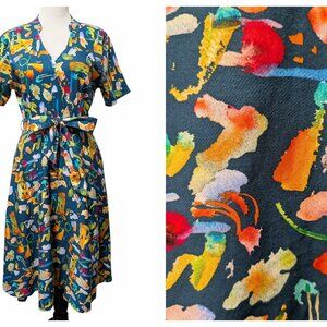 Miss Lulo Womens Sz XL Blue Abstract Paint Tie Belt Pocket Retro Fit Flare Dress
